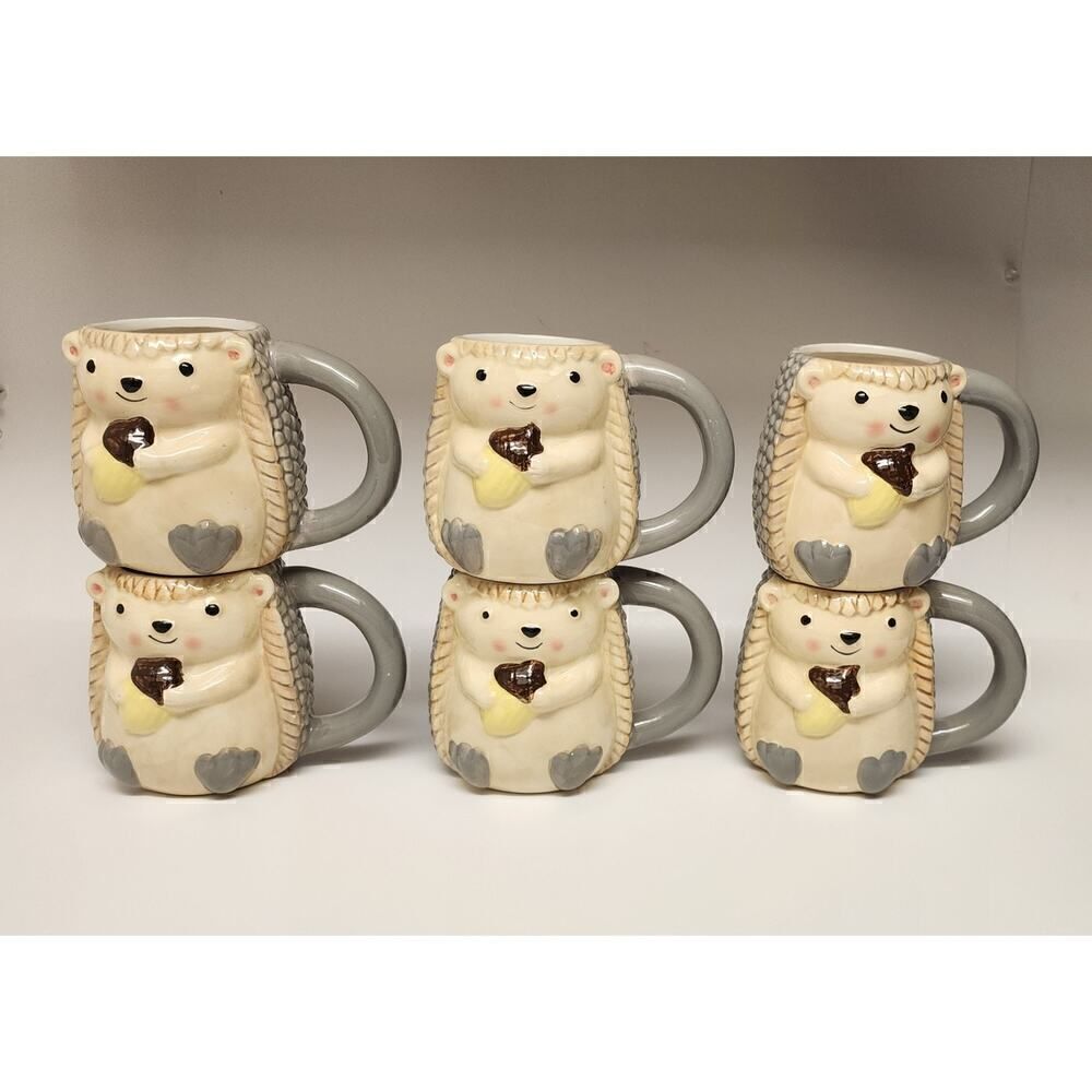 3D Porcupine 6 Coffee Mugs 16 oz /Tea Cup Hand Painted Gray Beige Stoneware New